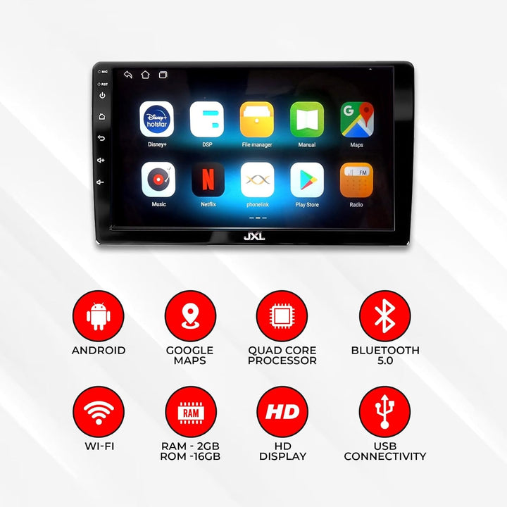 JXL 9-Inch Android Car Stereo Double Din Player (TS7), 2GB RAM, 32GB, Capacitive Touchscreen, 1280P HD, AHD/JDPS Advanced Technology, Quad-Core, Bluetooth 5.0, Wi-Fi, GPS Navigation, USB, Android 13.0
