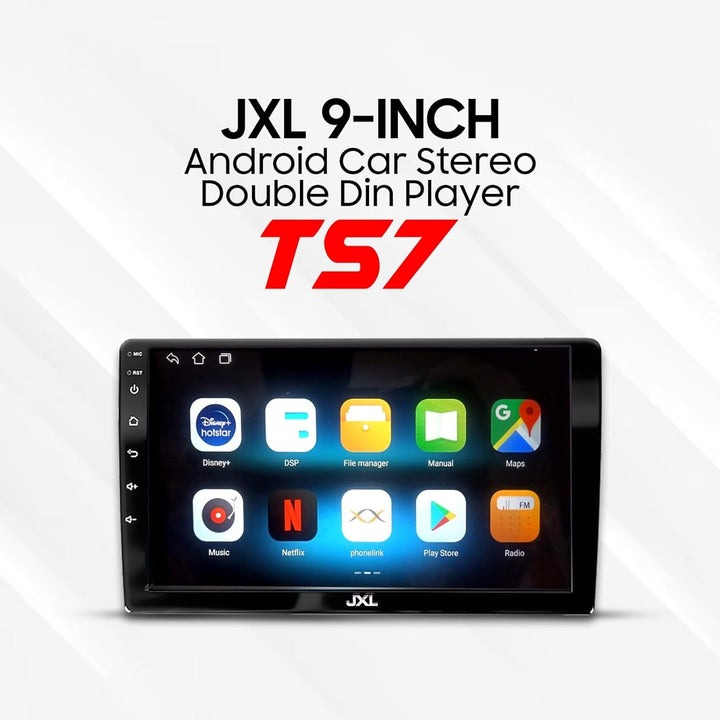 JXL 9-Inch Android Car Stereo Double Din Player (TS7), 2GB RAM, 32GB, Capacitive Touchscreen, 1280P HD, AHD/JDPS Advanced Technology, Quad-Core, Bluetooth 5.0, Wi-Fi, GPS Navigation, USB, Android 13.0