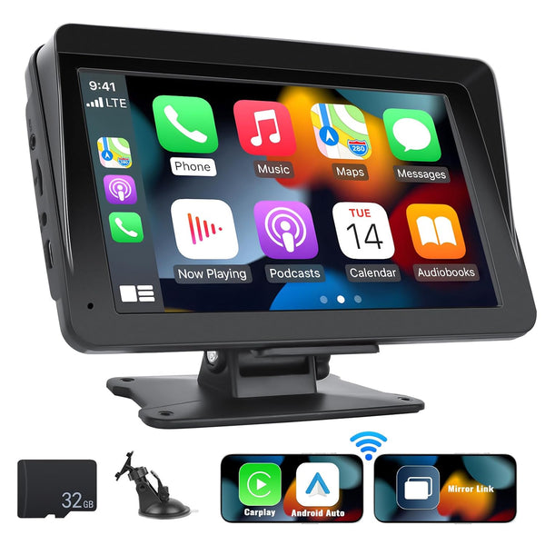 UNITOPSCI Wireless CarPlay Portable Car Stereo Android Auto Voice Control Bluetooth Car Radio 7 Inch HD Touch Screen CarPlay Screen Player Media Mirror Link GPS/FM/AUX/32G TF Card