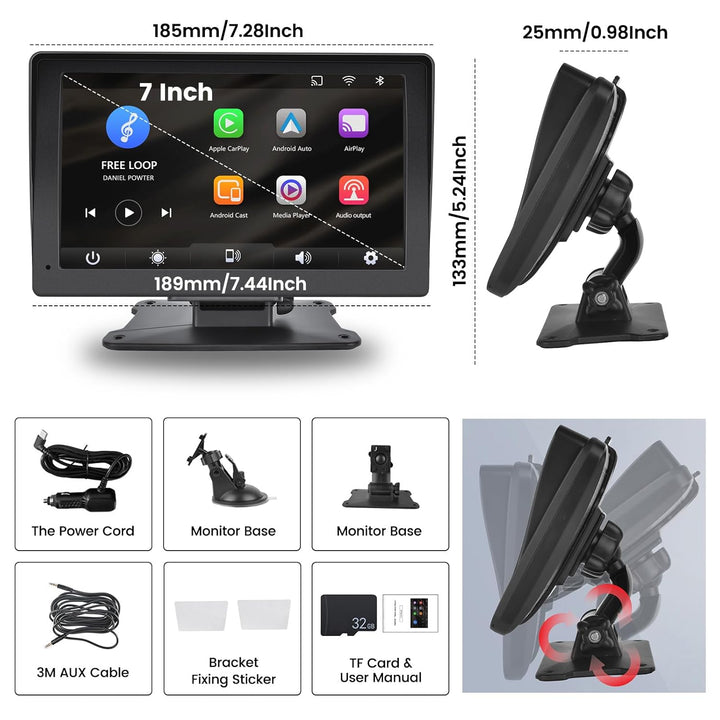 UNITOPSCI Wireless CarPlay Portable Car Stereo Android Auto Voice Control Bluetooth Car Radio 7 Inch HD Touch Screen CarPlay Screen Player Media Mirror Link GPS/FM/AUX/32G TF Card
