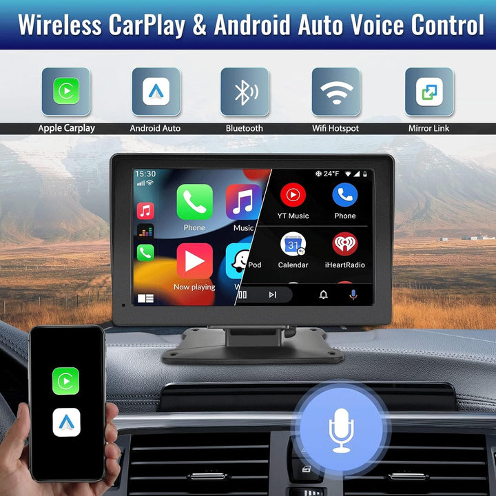 UNITOPSCI Wireless CarPlay Portable Car Stereo Android Auto Voice Control Bluetooth Car Radio 7 Inch HD Touch Screen CarPlay Screen Player Media Mirror Link GPS/FM/AUX/32G TF Card